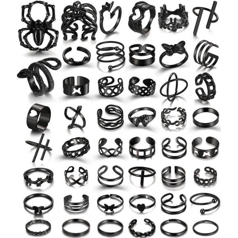 Black Rings for Men Women Girls, Goth Punk Rings Set Cool Gothic Adjustable Ring